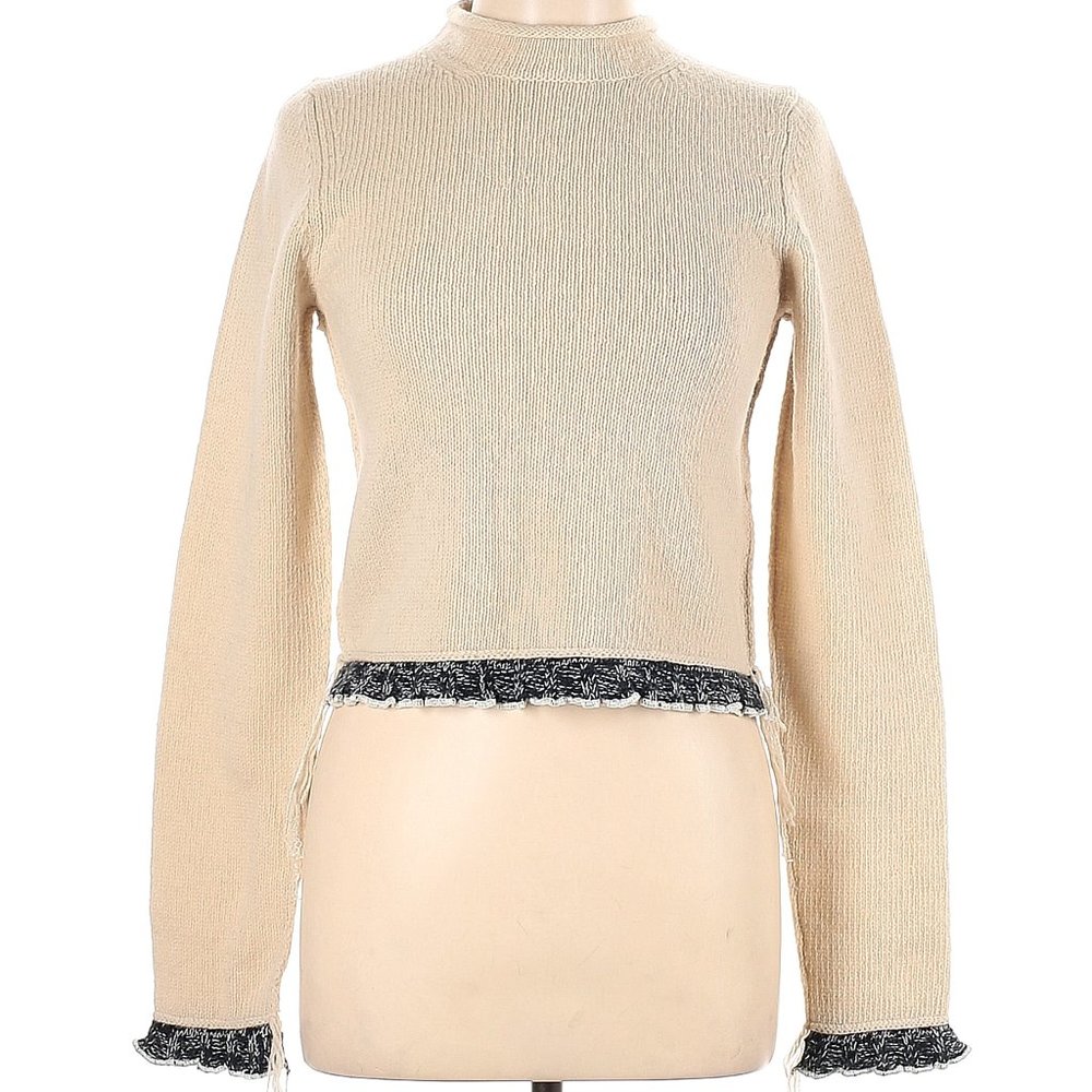 NWT Acne Studios Beige Roll Neck Wool w/Fringe & Ruffles Pullover Sweater Size L